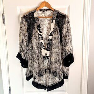 Violet Kay Black Sheer Silk Floral Lace Trim Open Jacket